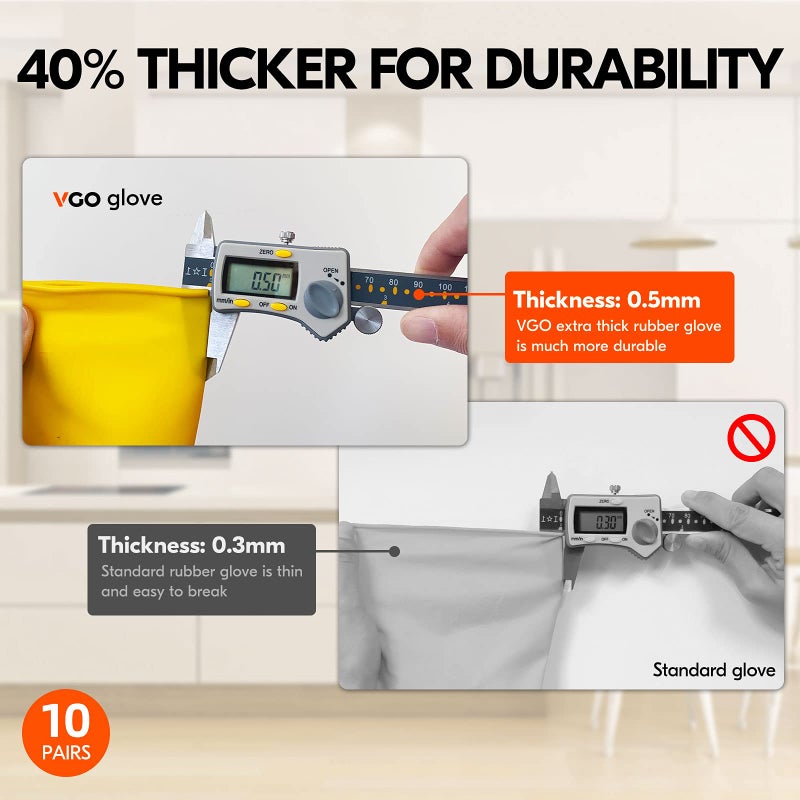 Vgo... 10-Pairs Reusable Household Gloves, Rubber Dishwashing gloves, Extra Thickness, Long Sleeves, Kitchen Cleaning, Working, Painting, Gardening, Pet Care (Size XL, Yellow, HH4601) - Image 2